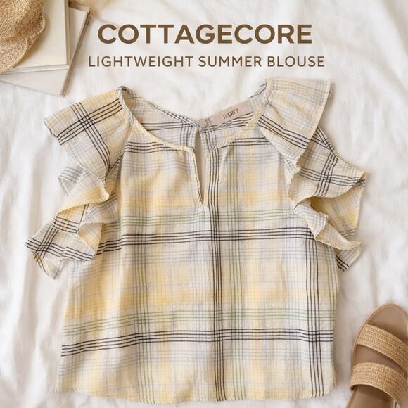 LOFT The Original Tops - LOFT Ruffle Sleeve Plaid Blouse Cottagecore Lightweight Top Small